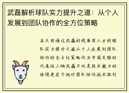 武磊解析球队实力提升之道：从个人发展到团队协作的全方位策略