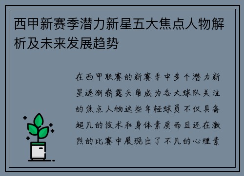西甲新赛季潜力新星五大焦点人物解析及未来发展趋势